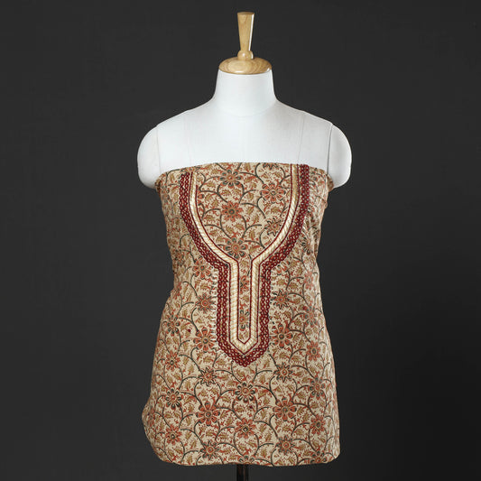 Beige - Kalamkari Block Printed Thread & Bead Work Embroidered Cotton Kurta Material - 2.6 Meter