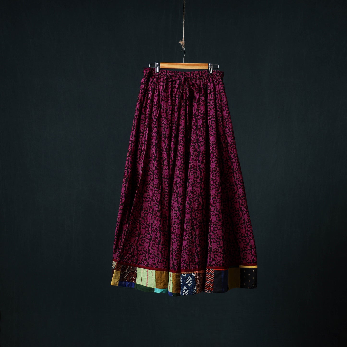 Bagh Hand Block Print 24 Kali Patchwork Cotton Long Skirt with Border 206