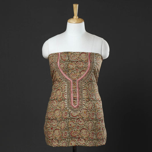 Brown - Kalamkari Block Printed Thread & Bead Work Embroidered Cotton Kurti Material - 2.55 Meter