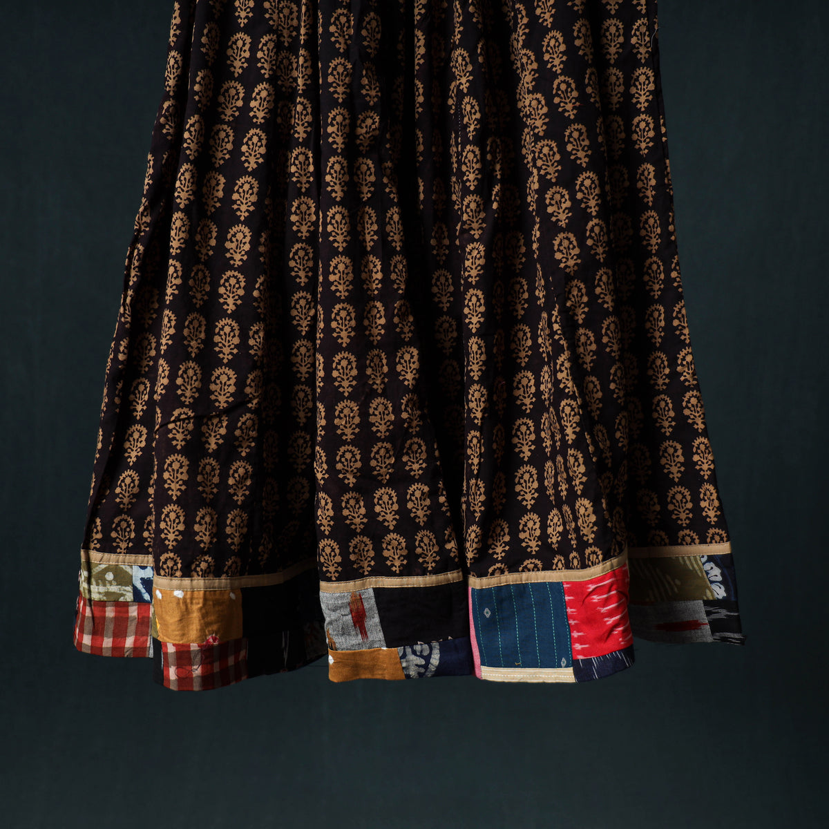 Bagh Hand Block Print 24 Kali Patchwork Cotton Long Skirt with Border 207