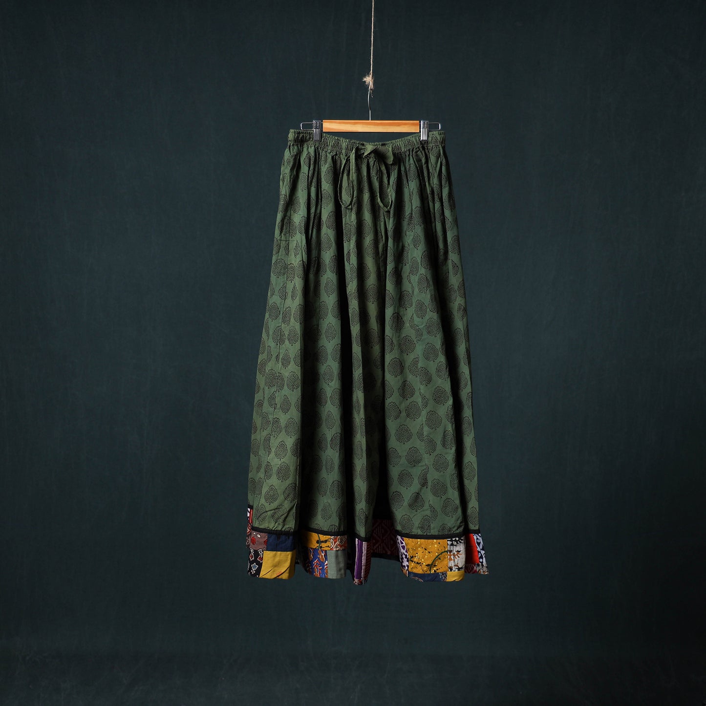 Bagh Hand Block Print 24 Kali Patchwork Cotton Long Skirt with Border 212