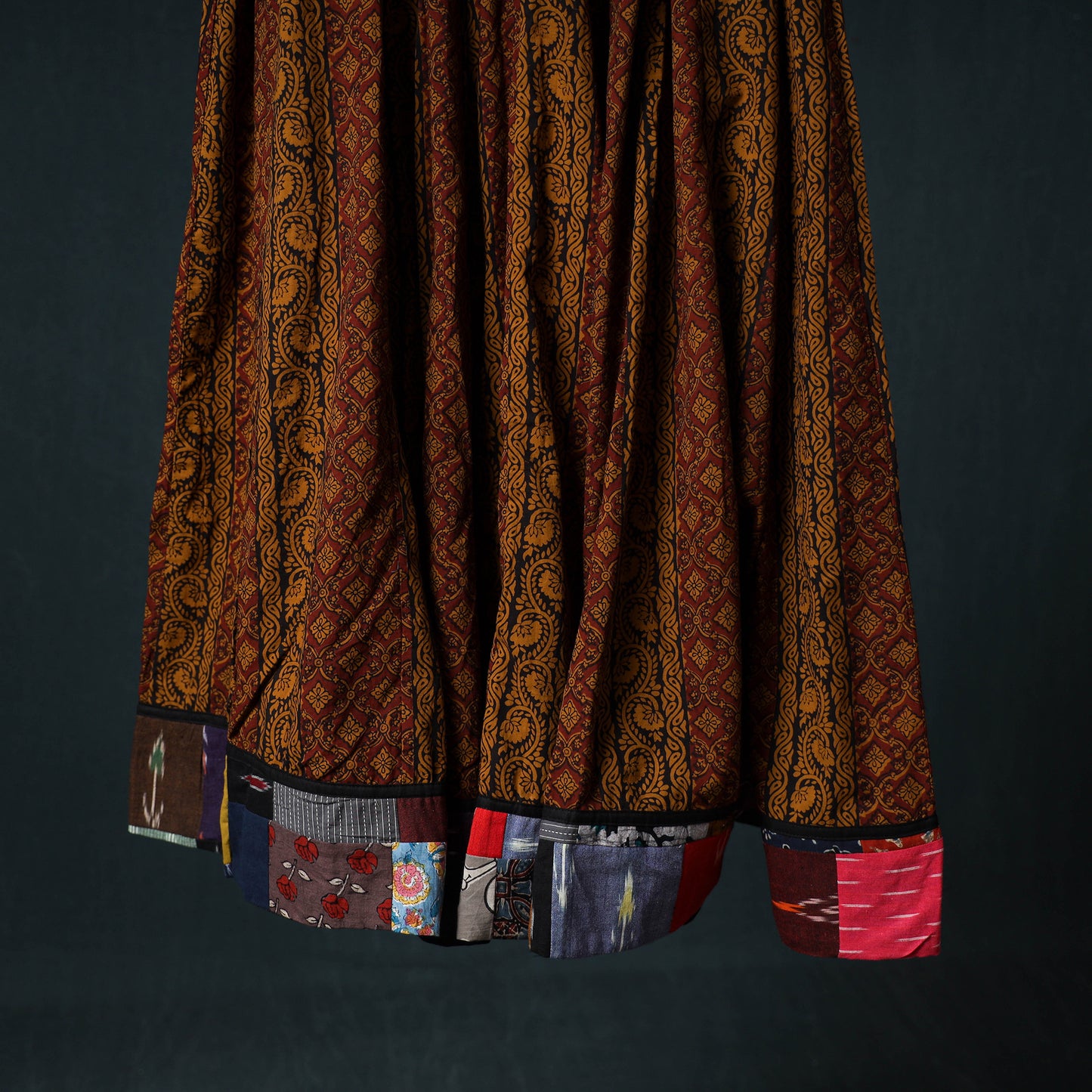 Bagh Hand Block Print 24 Kali Patchwork Cotton Long Skirt with Border 213