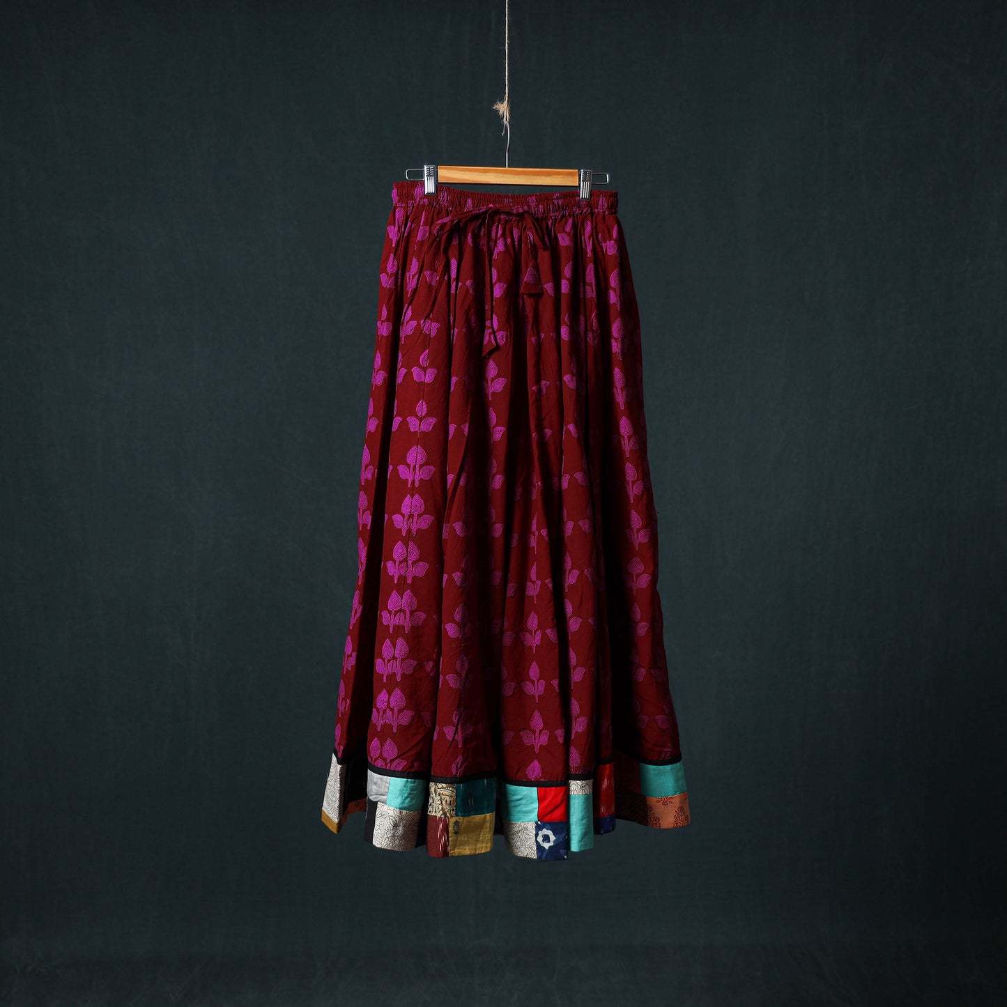 Bagh Hand Block Print 24 Kali Patchwork Cotton Long Skirt with Border 215