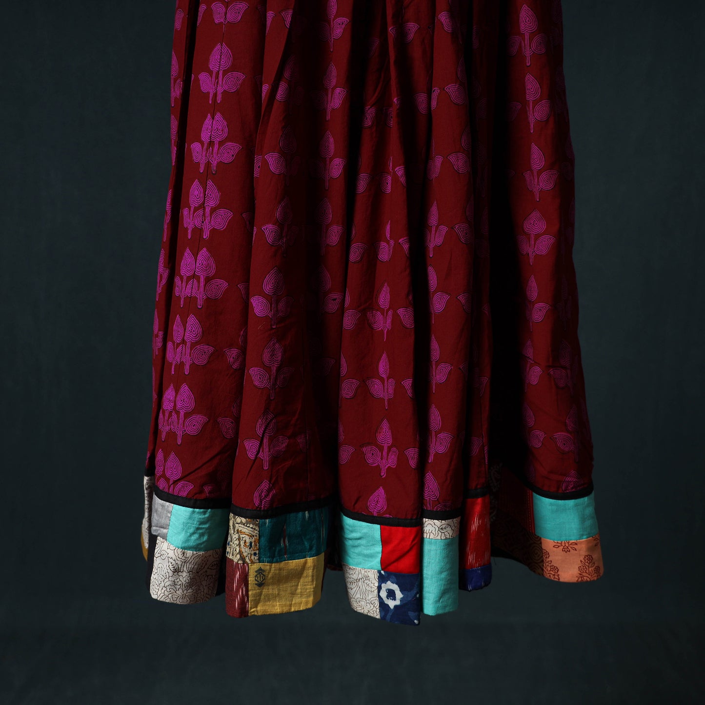 Bagh Hand Block Print 24 Kali Patchwork Cotton Long Skirt with Border 215