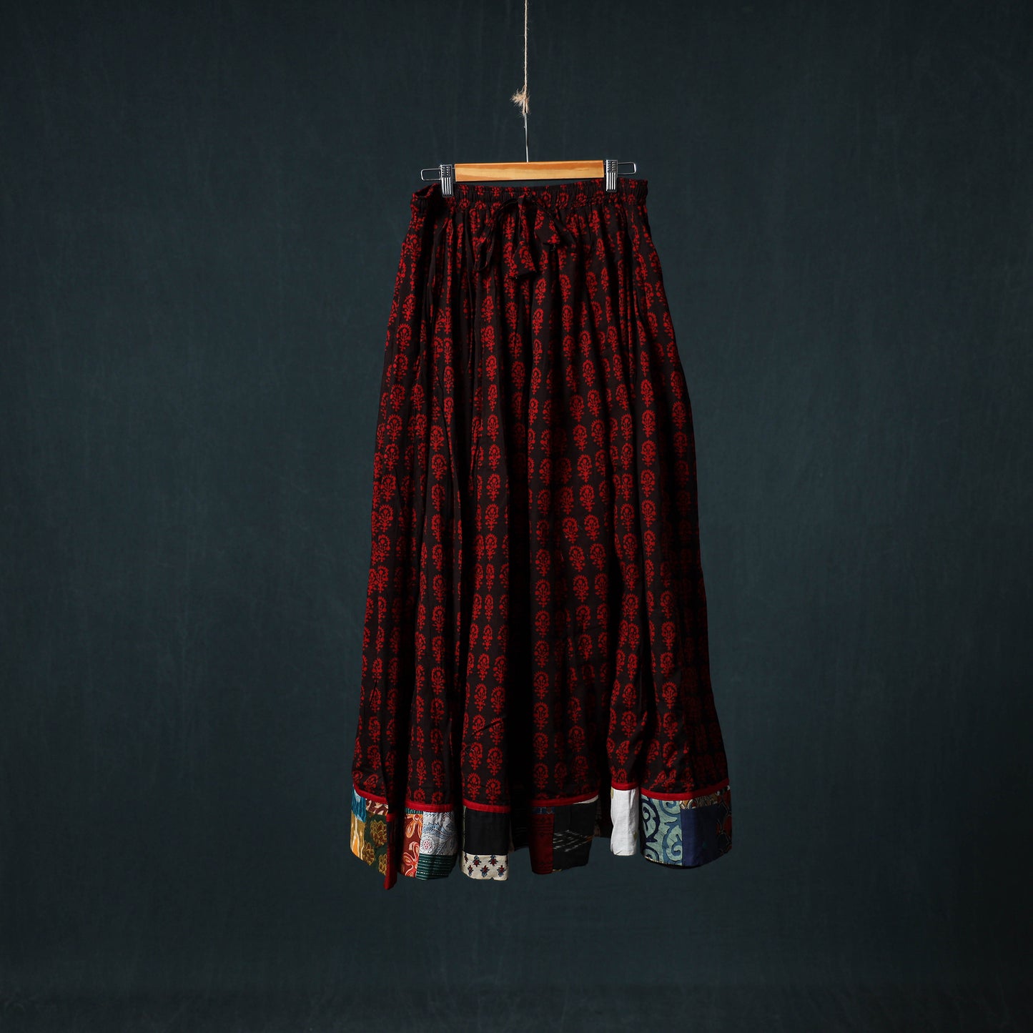 Bagh Hand Block Print 24 Kali Patchwork Cotton Long Skirt with Border 218