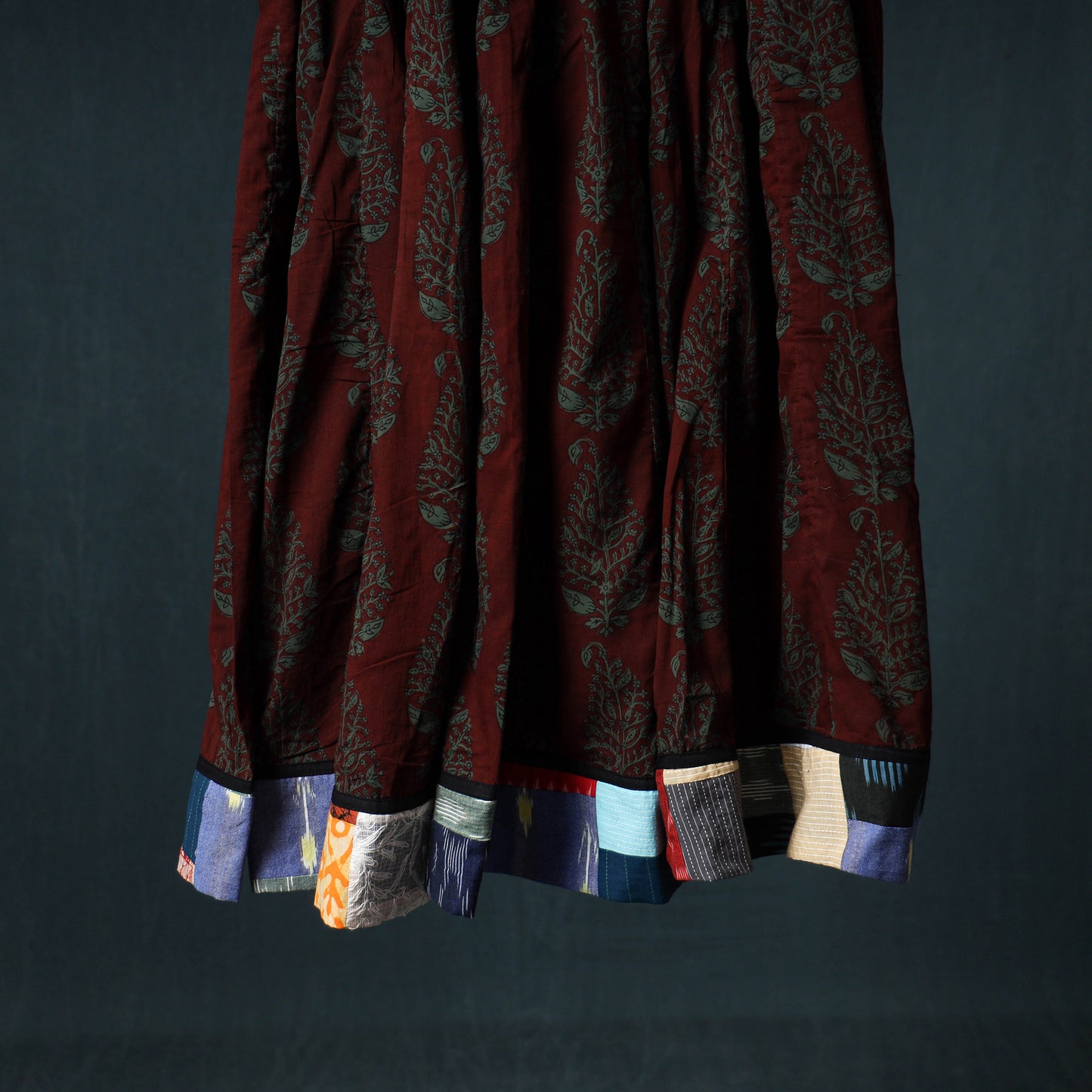 Bagh Hand Block Print 24 Kali Patchwork Cotton Long Skirt with Border 220