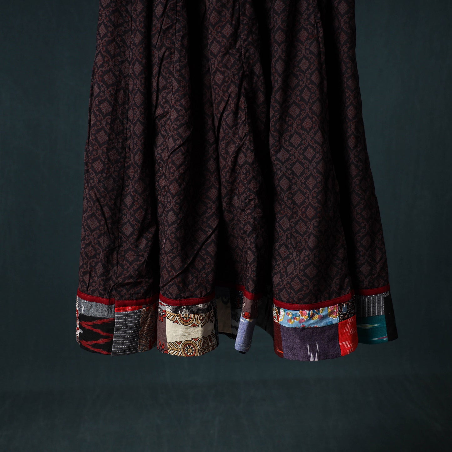 Bagh Hand Block Print 24 Kali Patchwork Cotton Long Skirt with Border 222