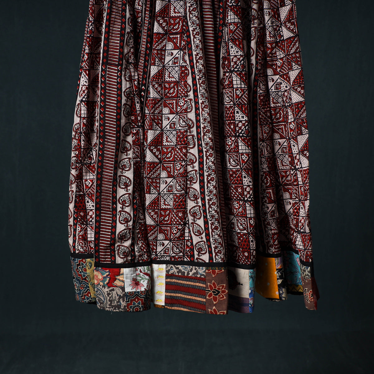 Bagh Hand Block Print 24 Kali Patchwork Cotton Long Skirt with Border 224