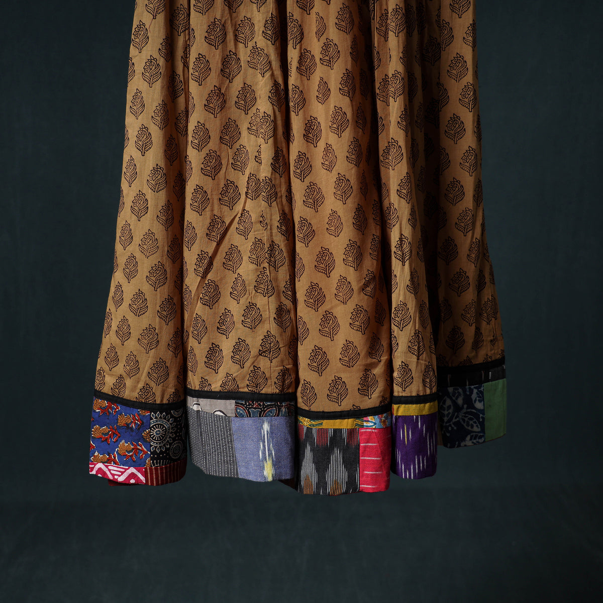 Bagh Hand Block Print 24 Kali Patchwork Cotton Long Skirt with Border 217