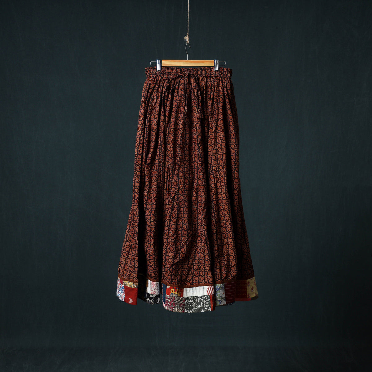 Bagh Hand Block Print 24 Kali Patchwork Cotton Long Skirt with Border 226