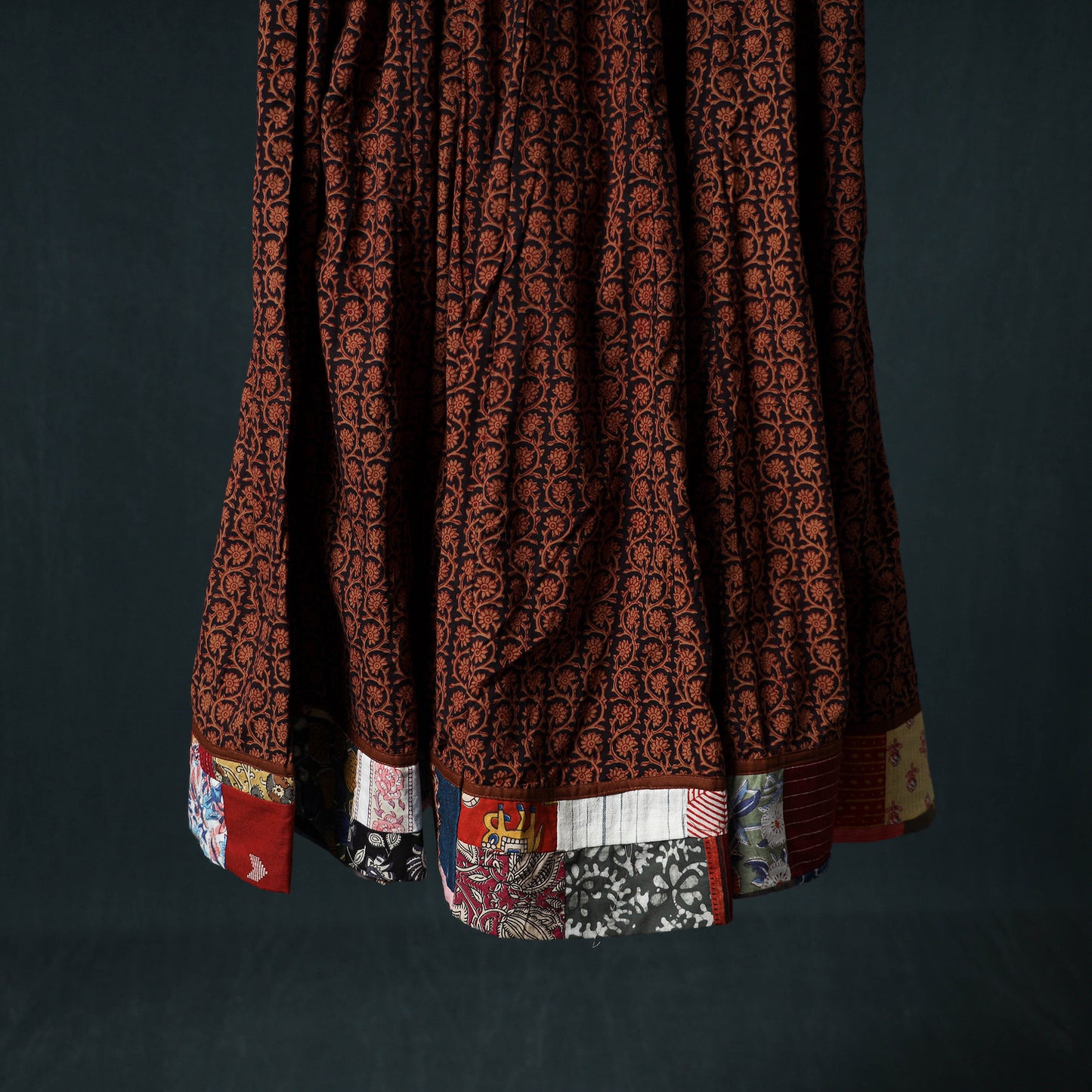 Bagh Hand Block Print 24 Kali Patchwork Cotton Long Skirt with Border 226