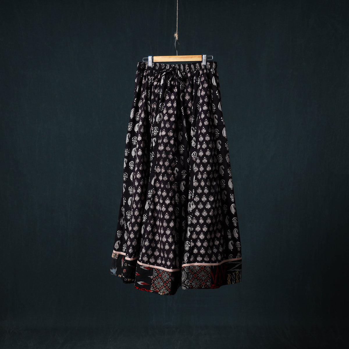 Bagh Hand Block Print 24 Kali Patchwork Cotton Long Skirt with Border 231