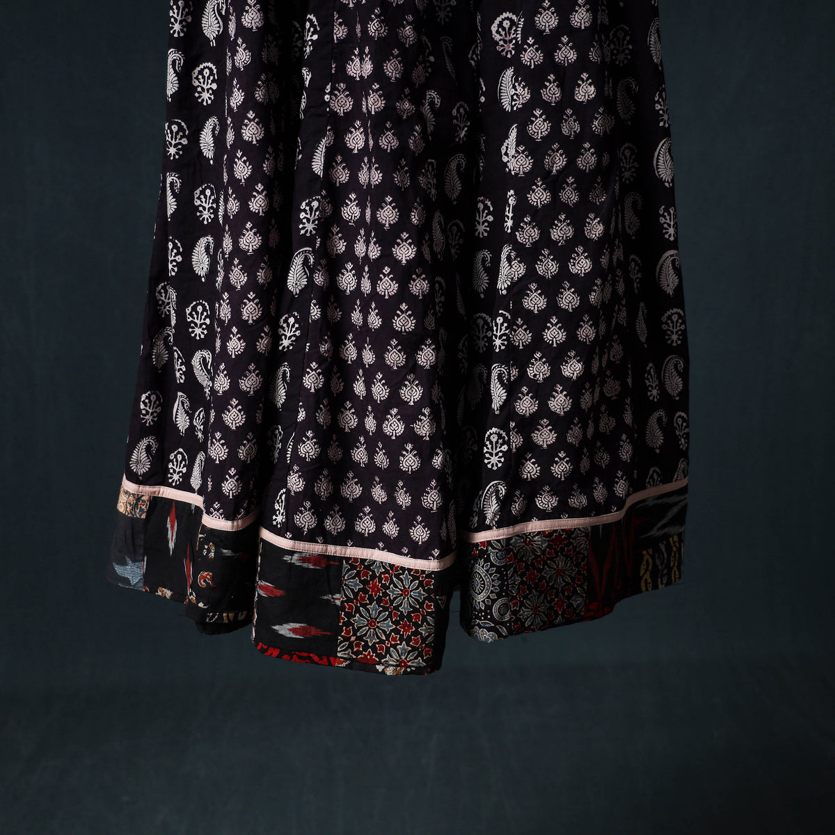 Bagh Hand Block Print 24 Kali Patchwork Cotton Long Skirt with Border 231