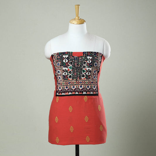 Red - Exclusive! Kutch Embroidery Work Cotton Kurti Material - 2.5 Meter