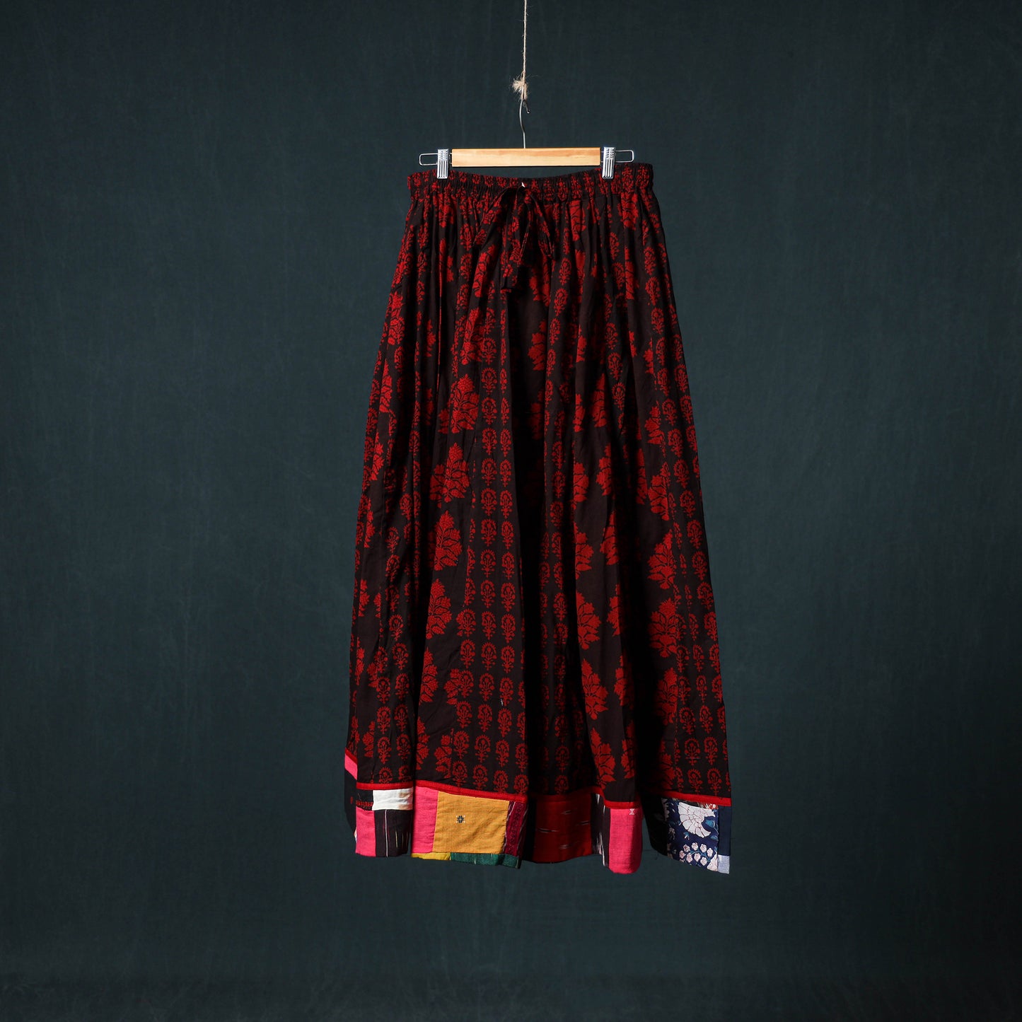 Bagh Hand Block Print 24 Kali Patchwork Cotton Long Skirt with Border 237