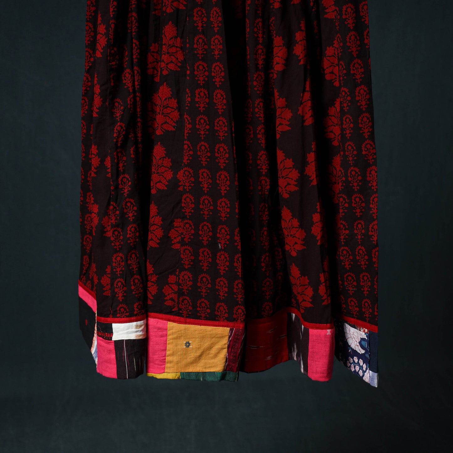 Bagh Hand Block Print 24 Kali Patchwork Cotton Long Skirt with Border 237