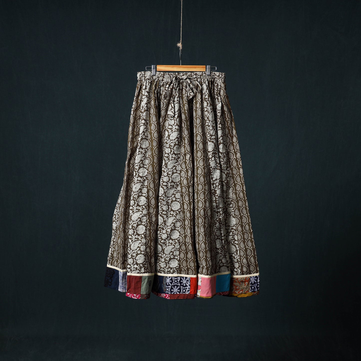 Bagh Hand Block Print 24 Kali Patchwork Cotton Long Skirt with Border 238