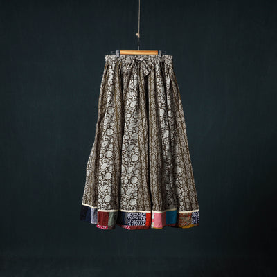 Bagh Hand Block Print 24 Kali Patchwork Cotton Long Skirt with Border 238