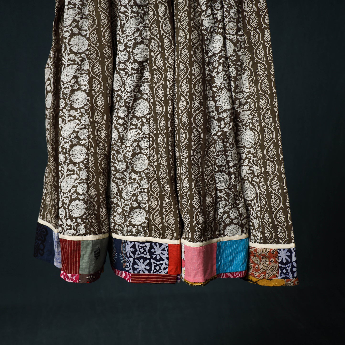 Bagh Hand Block Print 24 Kali Patchwork Cotton Long Skirt with Border 238