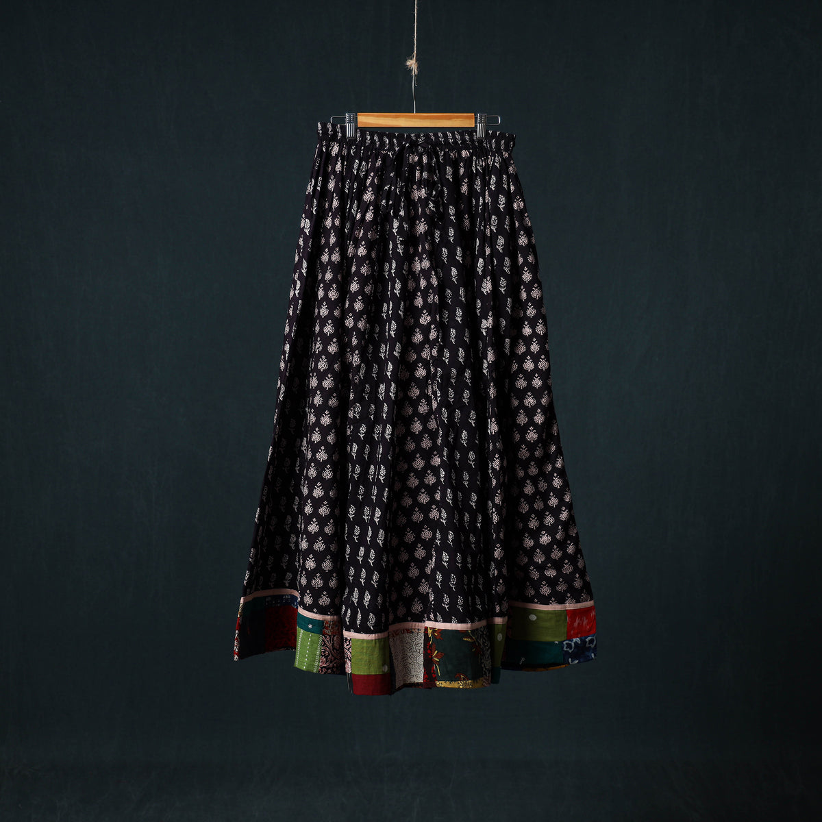 Bagh Hand Block Print 24 Kali Patchwork Cotton Long Skirt with Border 239