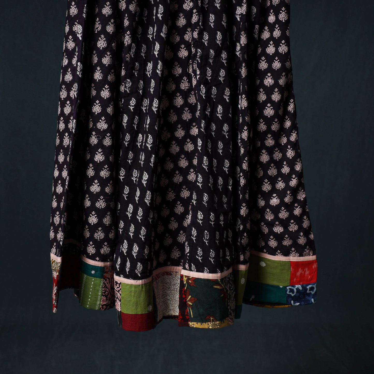 Bagh Hand Block Print 24 Kali Patchwork Cotton Long Skirt with Border 239