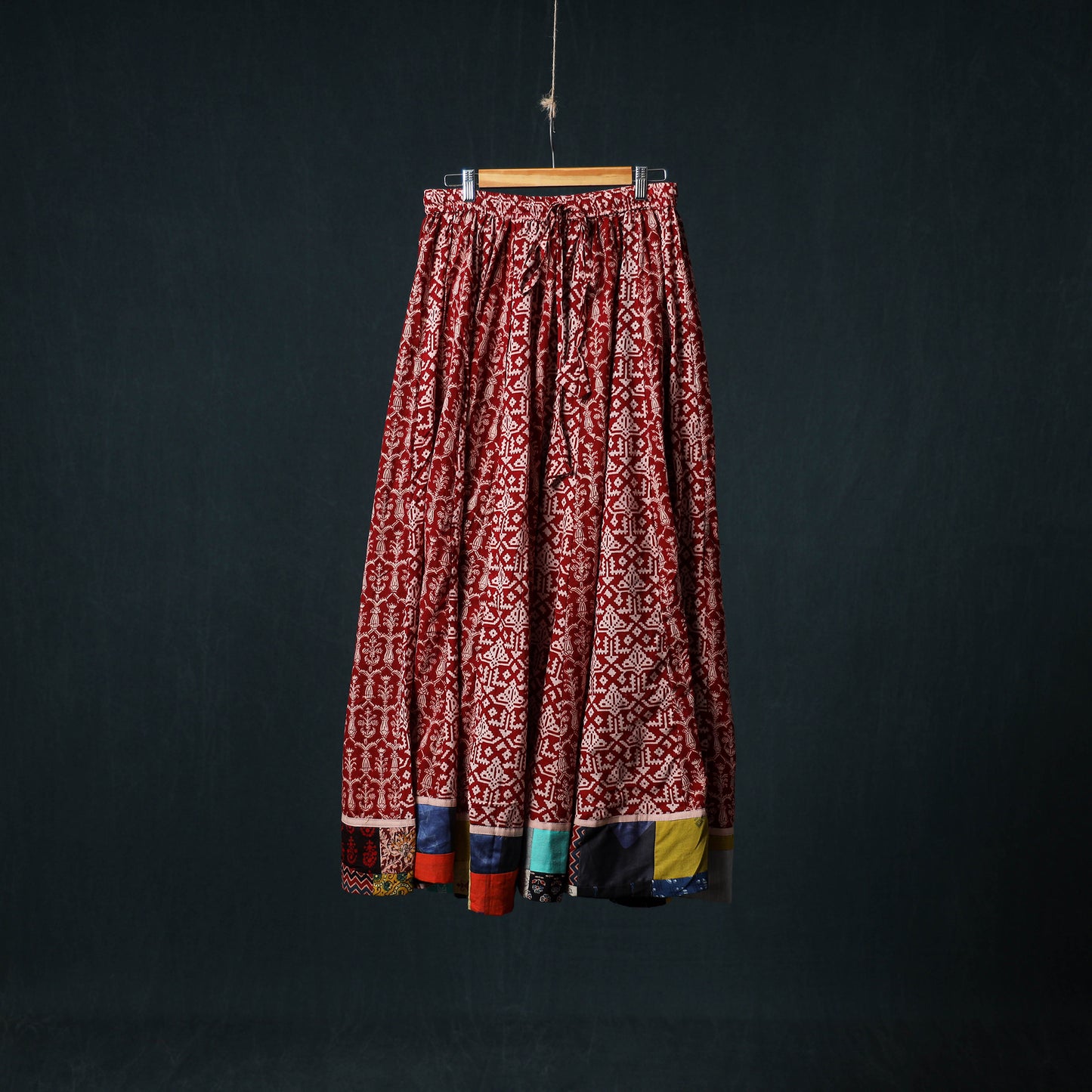 Bagh Hand Block Print 24 Kali Patchwork Cotton Long Skirt with Border 240