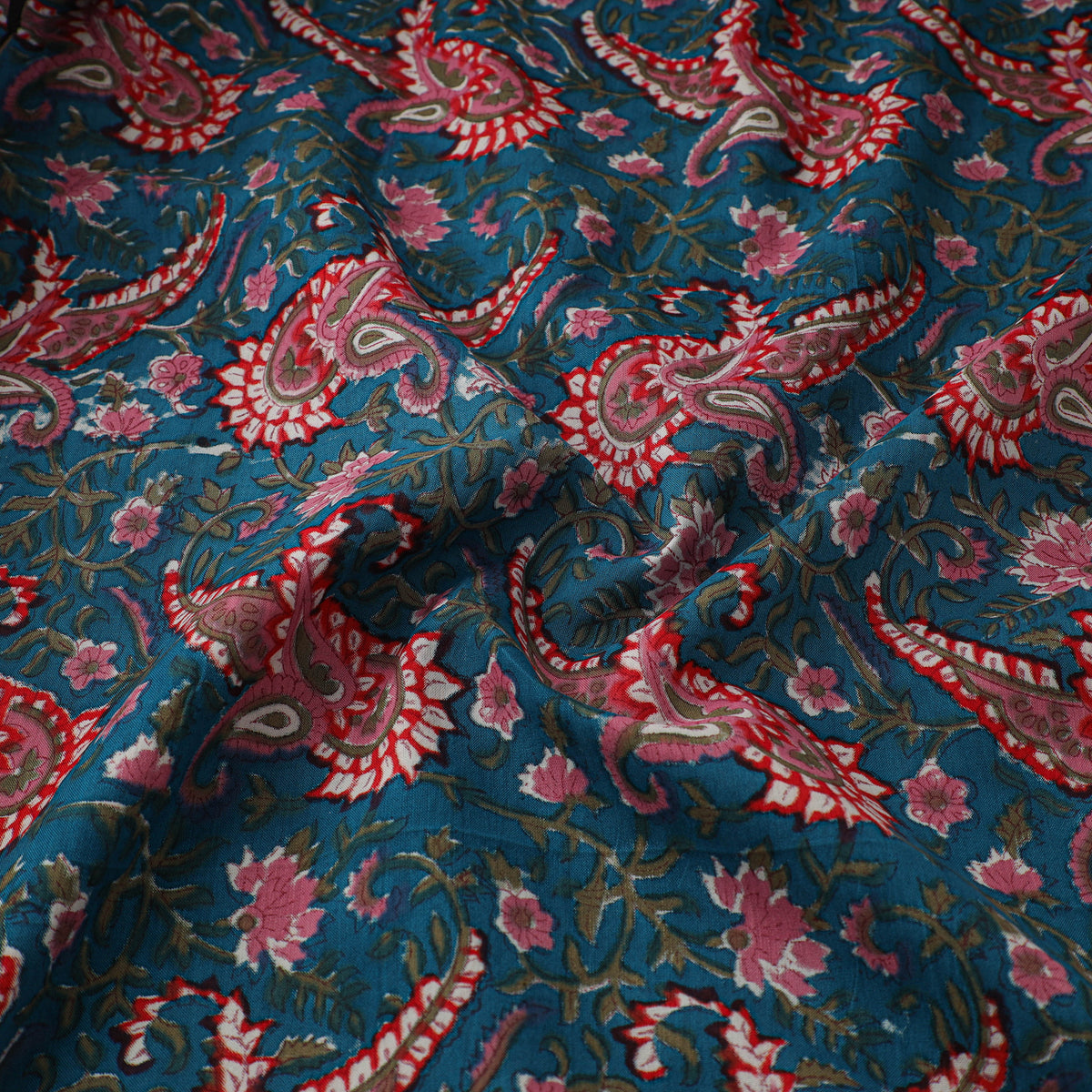 Floral Hand Block Sanganeri Print Linen Fabric 01