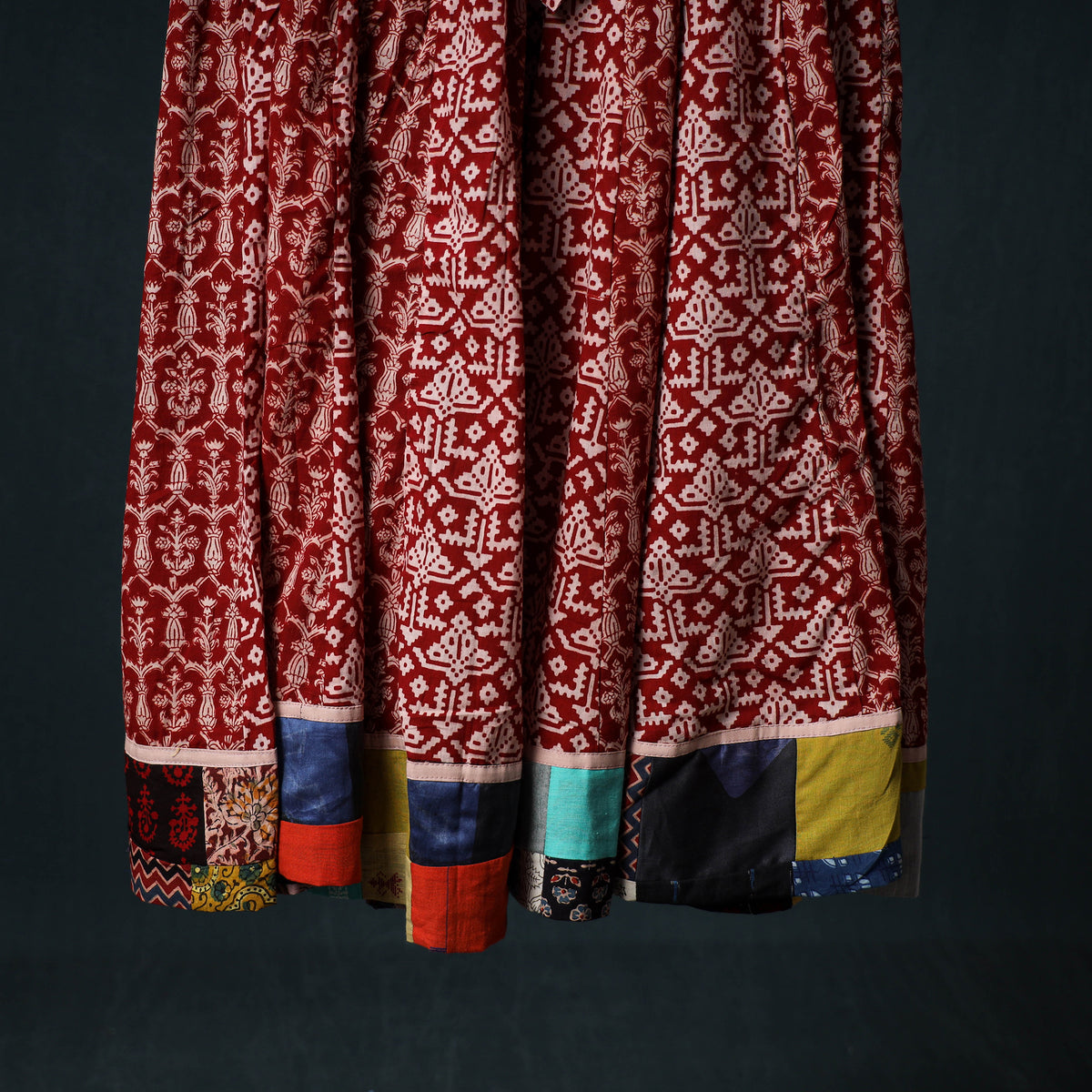 Bagh Hand Block Print 24 Kali Patchwork Cotton Long Skirt with Border 240