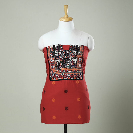 Red - Exclusive! Kutch Embroidery Work Cotton Kurti Material - 2.5 Meter