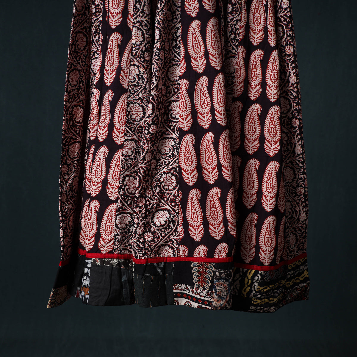Bagh Hand Block Print 24 Kali Patchwork Cotton Long Skirt with Border 242