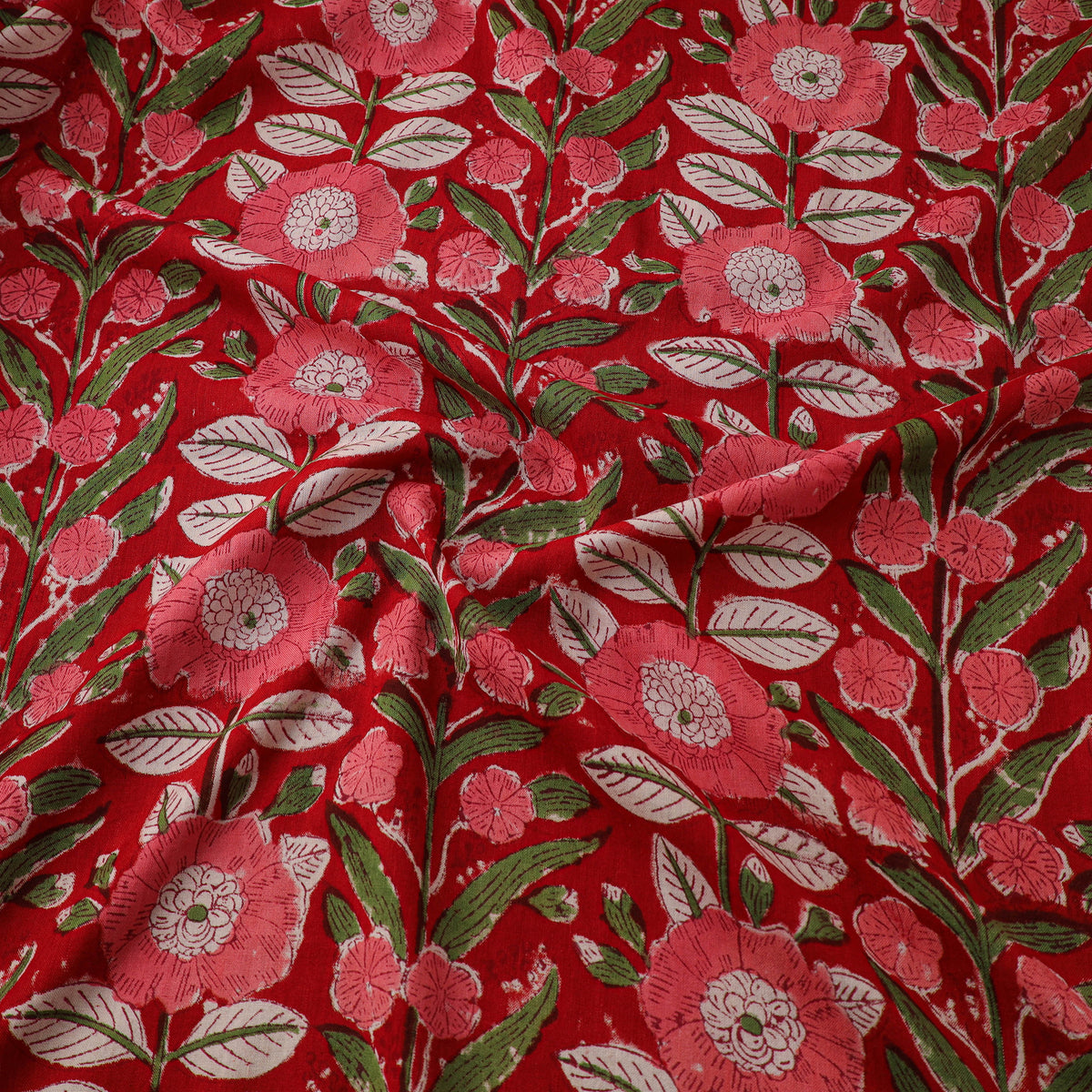 Floral Hand Block Sanganeri Print Linen Fabric 03