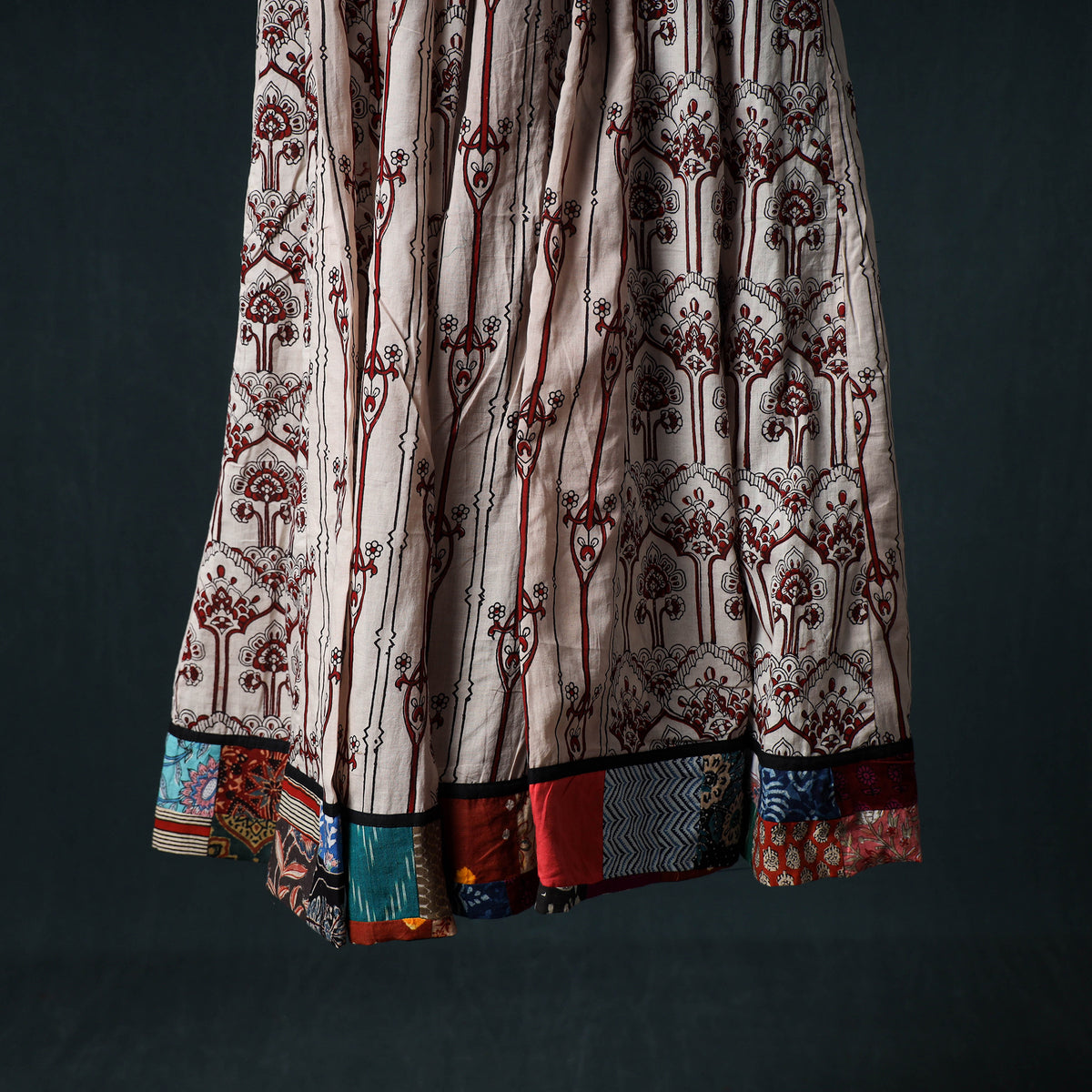 Bagh Hand Block Print 24 Kali Patchwork Cotton Long Skirt with Border 243