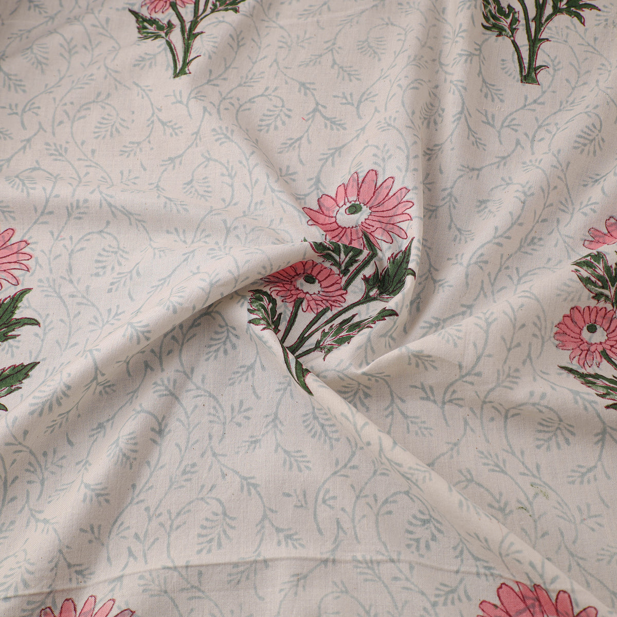 Floral Hand Block Sanganeri Print Linen Fabric 04