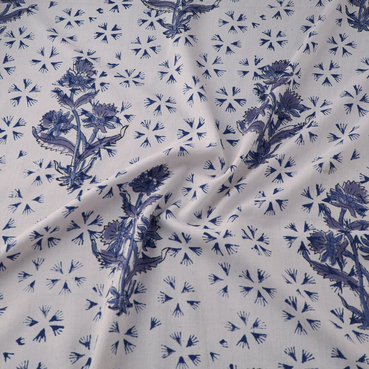 Floral Hand Block Sanganeri Print Linen Fabric 07