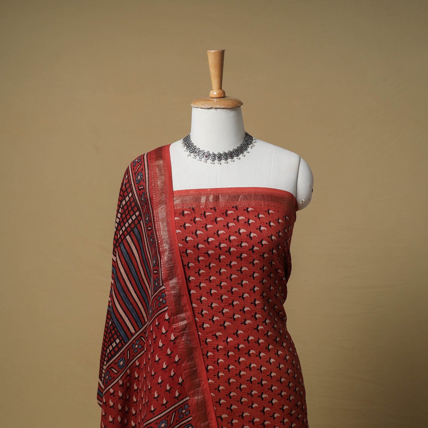 Ajrakh Hand Block Print Maheshwari Silk 2pc Unstitched Dress Material: Kurta with Dupatta 02