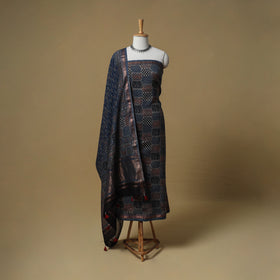 Ajrakh Hand Block Print Maheshwari Silk 2pc Unstitched Dress Material: Kurta with Dupatta 01