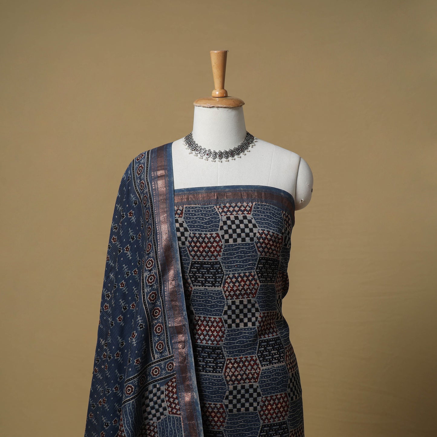 Ajrakh Hand Block Print Maheshwari Silk 2pc Unstitched Dress Material: Kurta with Dupatta 01