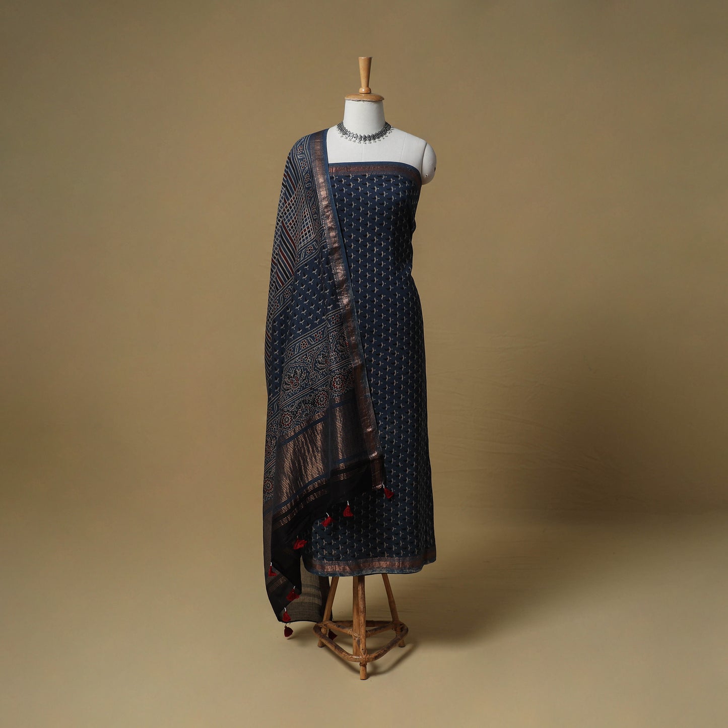 Ajrakh Hand Block Print Maheshwari Silk 2pc Unstitched Dress Material: Kurta with Dupatta 03
