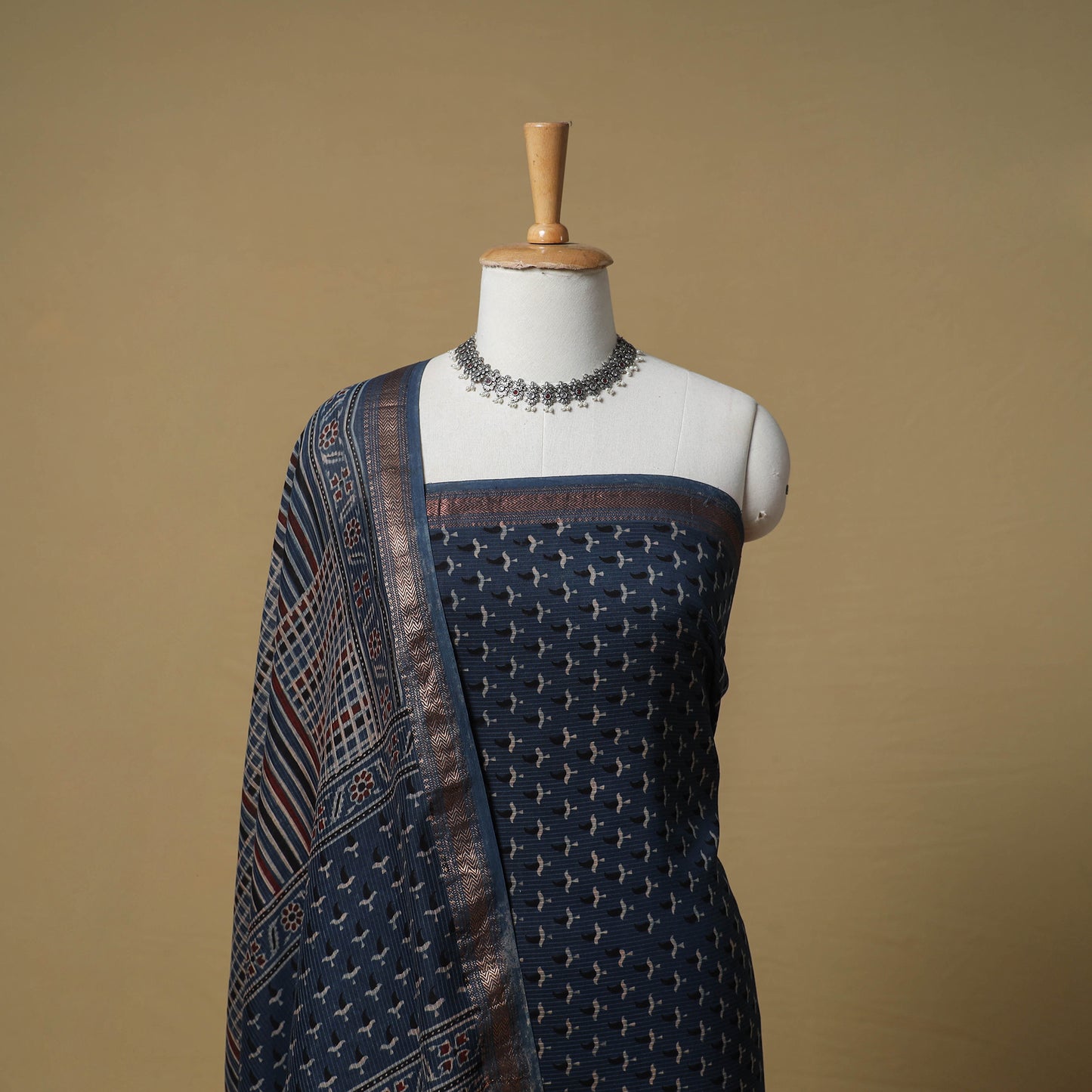 Ajrakh Hand Block Print Maheshwari Silk 2pc Unstitched Dress Material: Kurta with Dupatta 03