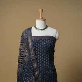 Ajrakh Hand Block Print Maheshwari Silk 2pc Unstitched Dress Material: Kurta with Dupatta 03