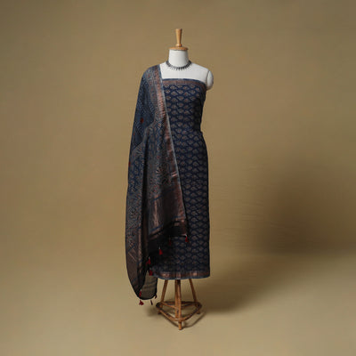 Ajrakh Hand Block Print Maheshwari Silk 2pc Unstitched Dress Material: Kurta with Dupatta 04