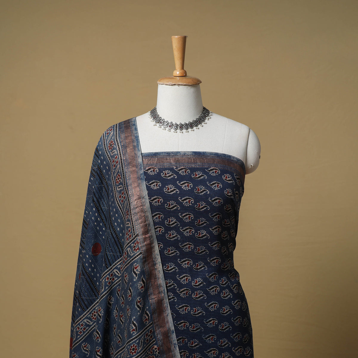 Ajrakh Hand Block Print Maheshwari Silk 2pc Unstitched Dress Material: Kurta with Dupatta 04