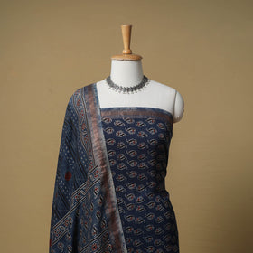 Ajrakh Hand Block Print Maheshwari Silk 2pc Unstitched Dress Material: Kurta with Dupatta 04
