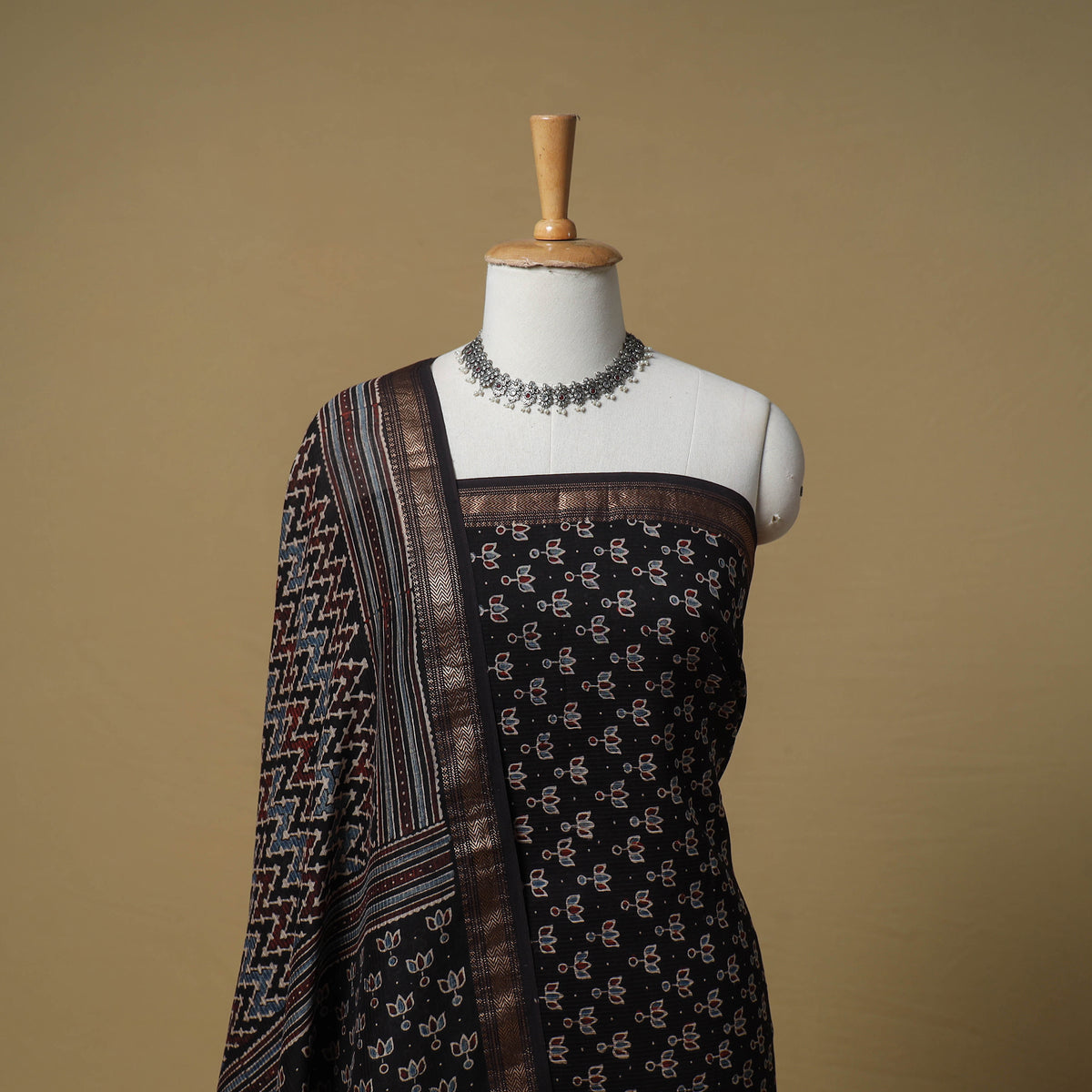 Ajrakh Hand Block Print Maheshwari Silk 2pc Unstitched Dress Material: Kurta with Dupatta 05