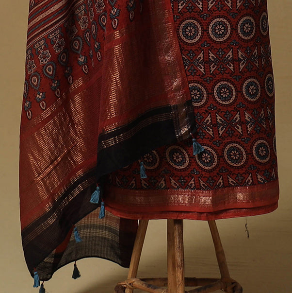 Ajrakh Hand Block Print Maheshwari Silk 2pc Unstitched Dress Material: Kurta with Dupatta 06