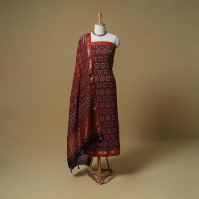 Ajrakh Hand Block Print Maheshwari Silk 2pc Unstitched Dress Material: Kurta with Dupatta 06