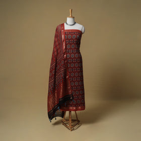 Ajrakh Hand Block Print Maheshwari Silk 2pc Unstitched Dress Material: Kurta with Dupatta 06