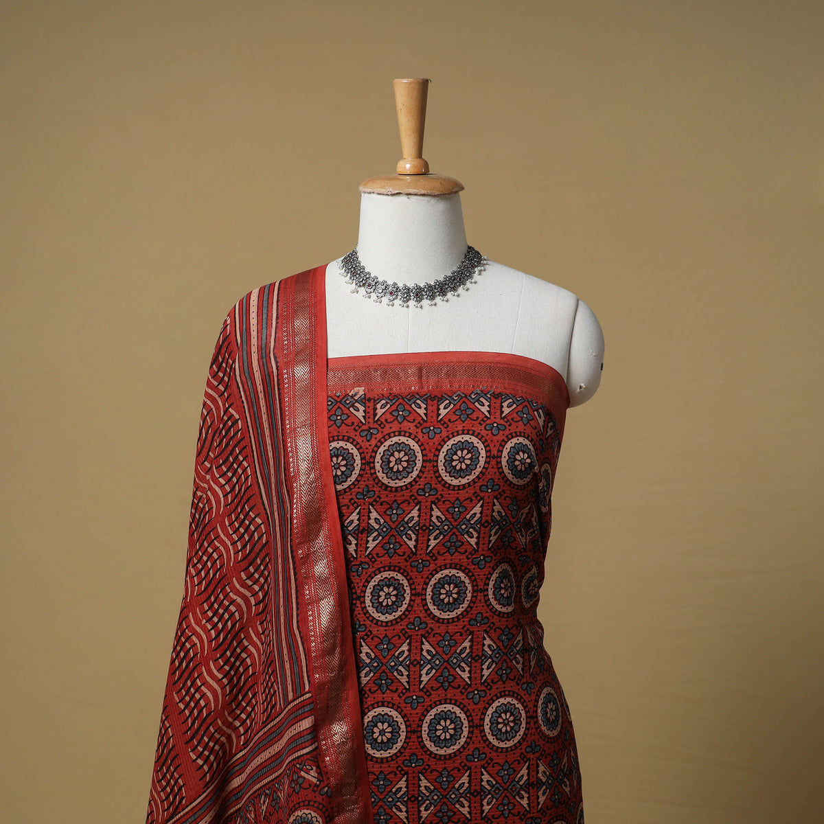 Ajrakh Hand Block Print Maheshwari Silk 2pc Unstitched Dress Material: Kurta with Dupatta 06