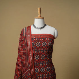 Ajrakh Hand Block Print Maheshwari Silk 2pc Unstitched Dress Material: Kurta with Dupatta 06