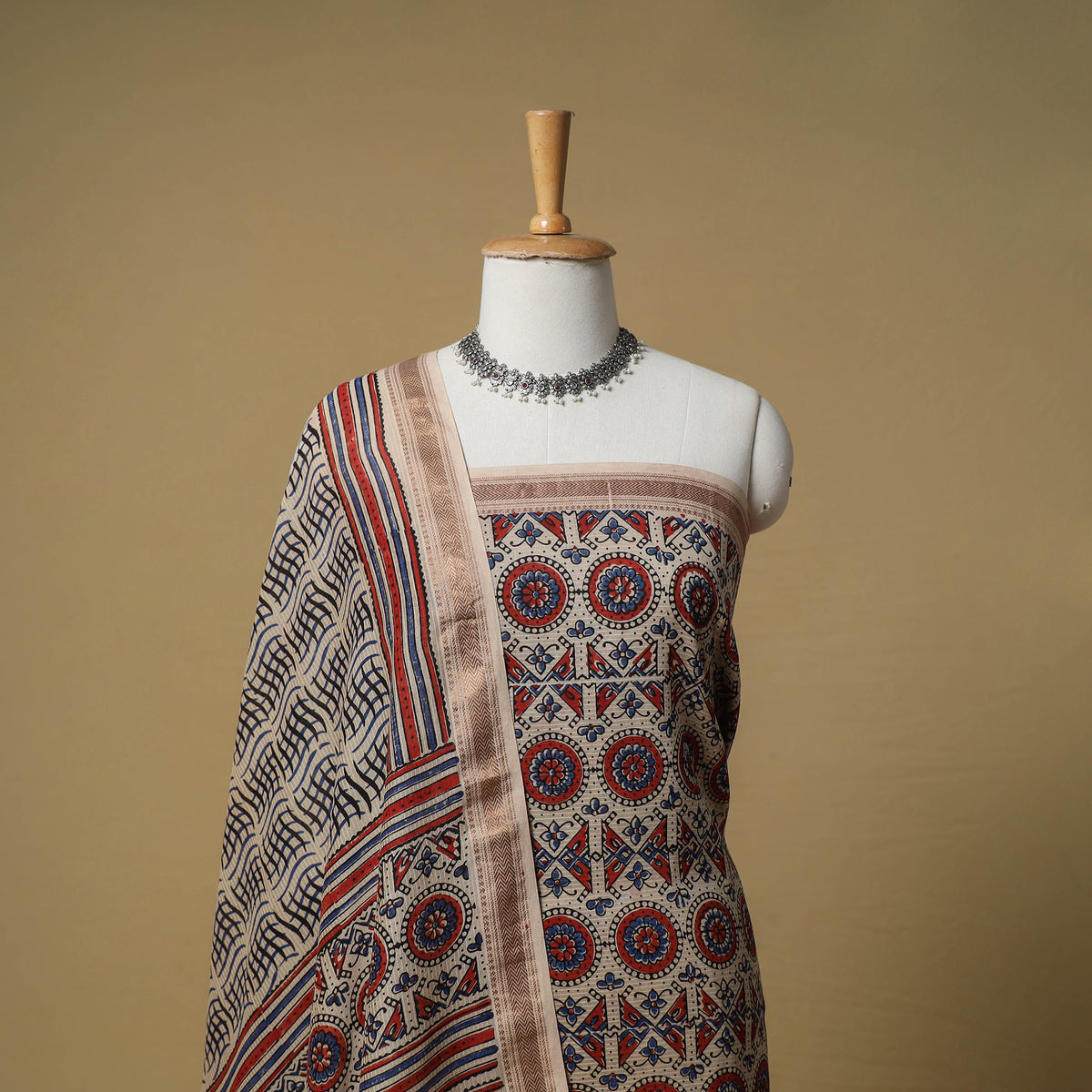 Ajrakh Hand Block Print Maheshwari Silk 2pc Unstitched Dress Material: Kurta with Dupatta 07